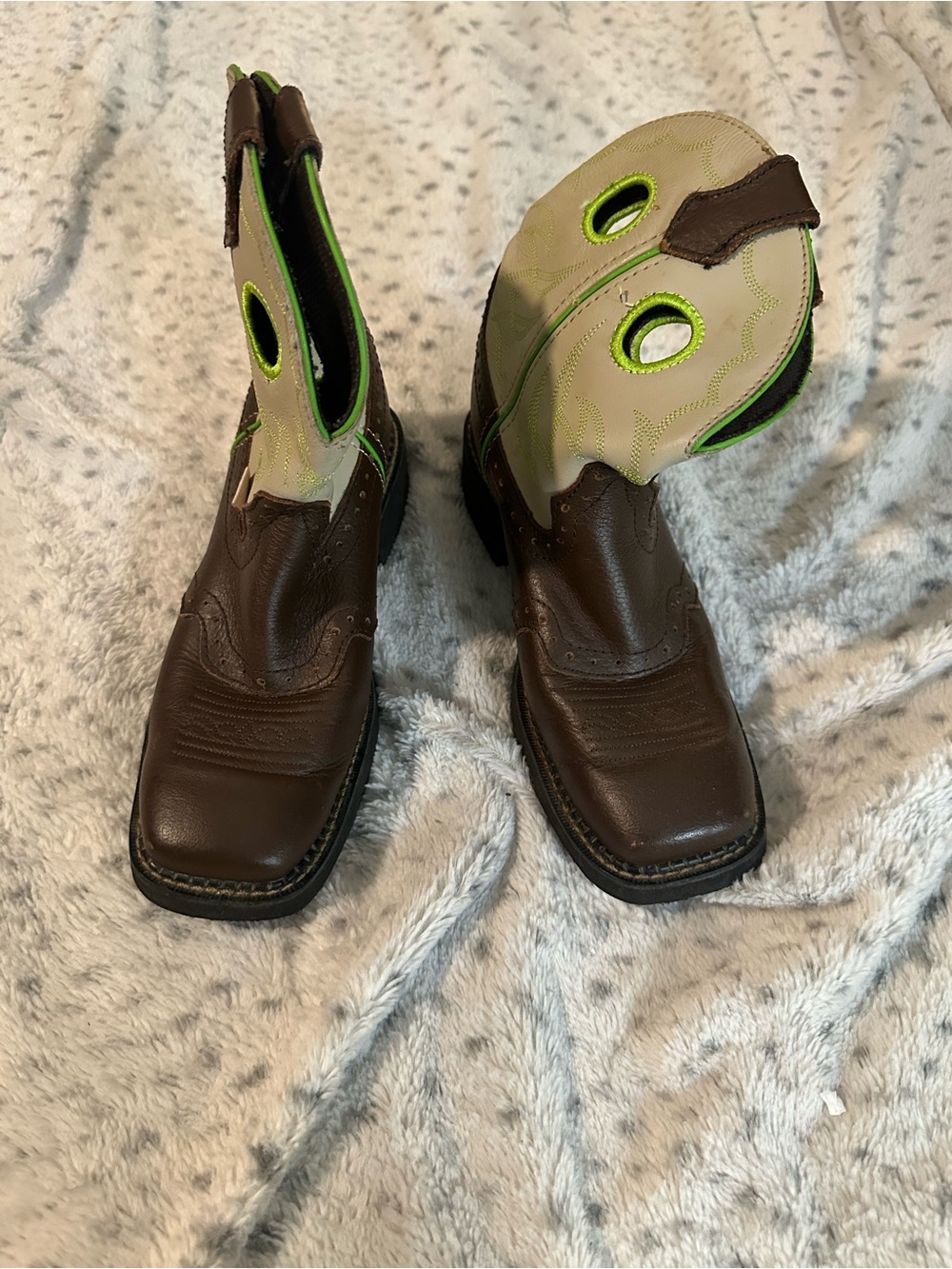 Justin Boots Brown Leather Cowboy Boots with Cream and Neon Green Accents